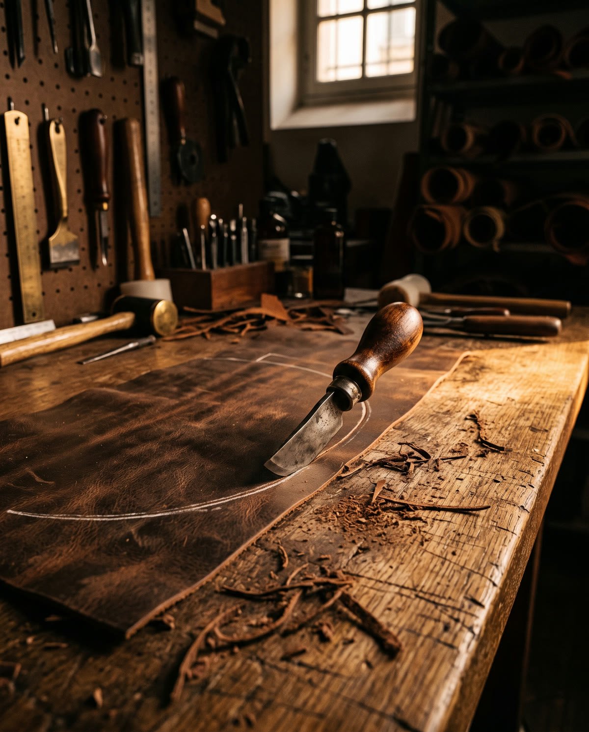 A full-grain hide being cut by hand in the atelier.