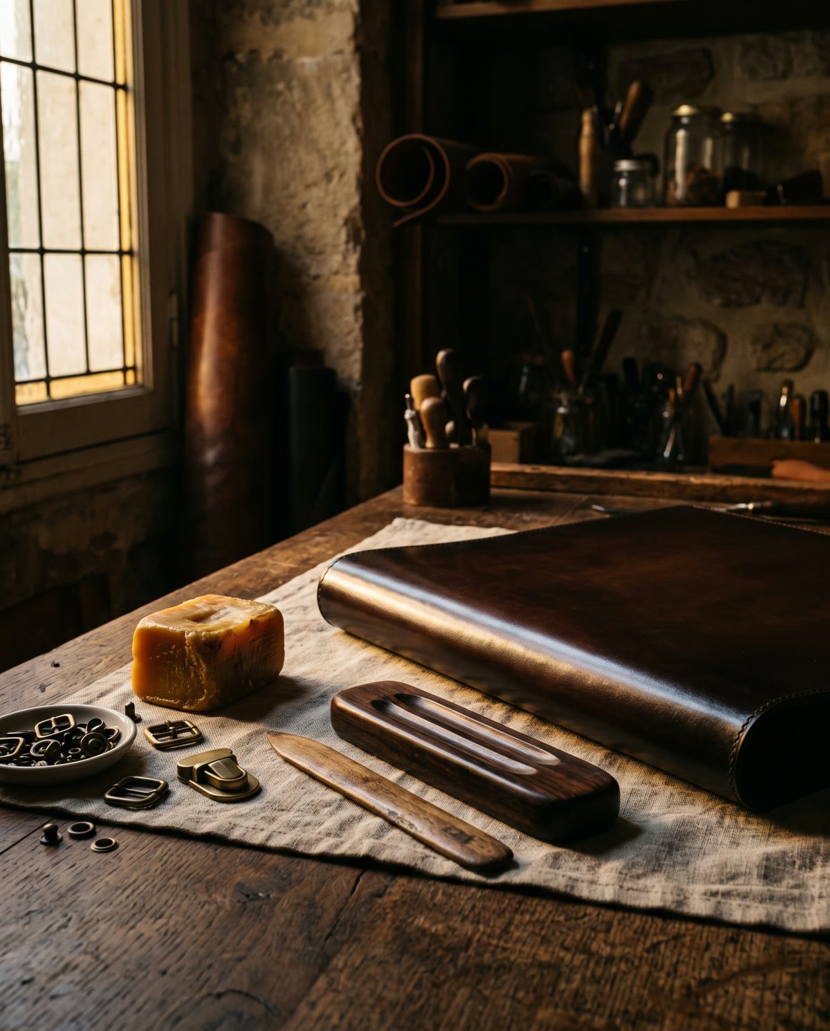 Edge burnishing tools, beeswax and brass hardware on linen.
