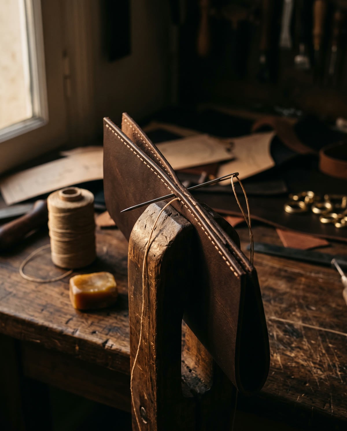 Saddle stitching in progress, two needles and waxed linen thread.