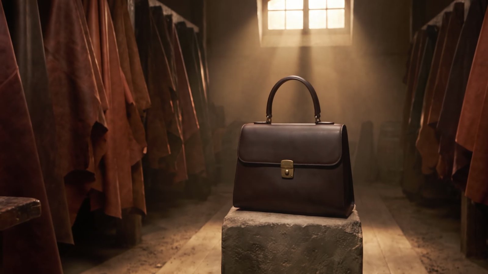 The Ouvrage atelier at dusk, a finished leather bag resting in a shaft of warm light.